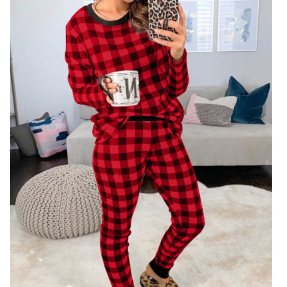 Red & Black Buffalo Check Plaid Pajama Lounge Set